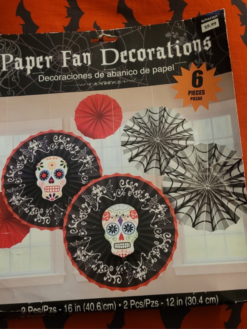 Amscan Black Paper Fan Decorations with Red Accents and Sugar Skull Design